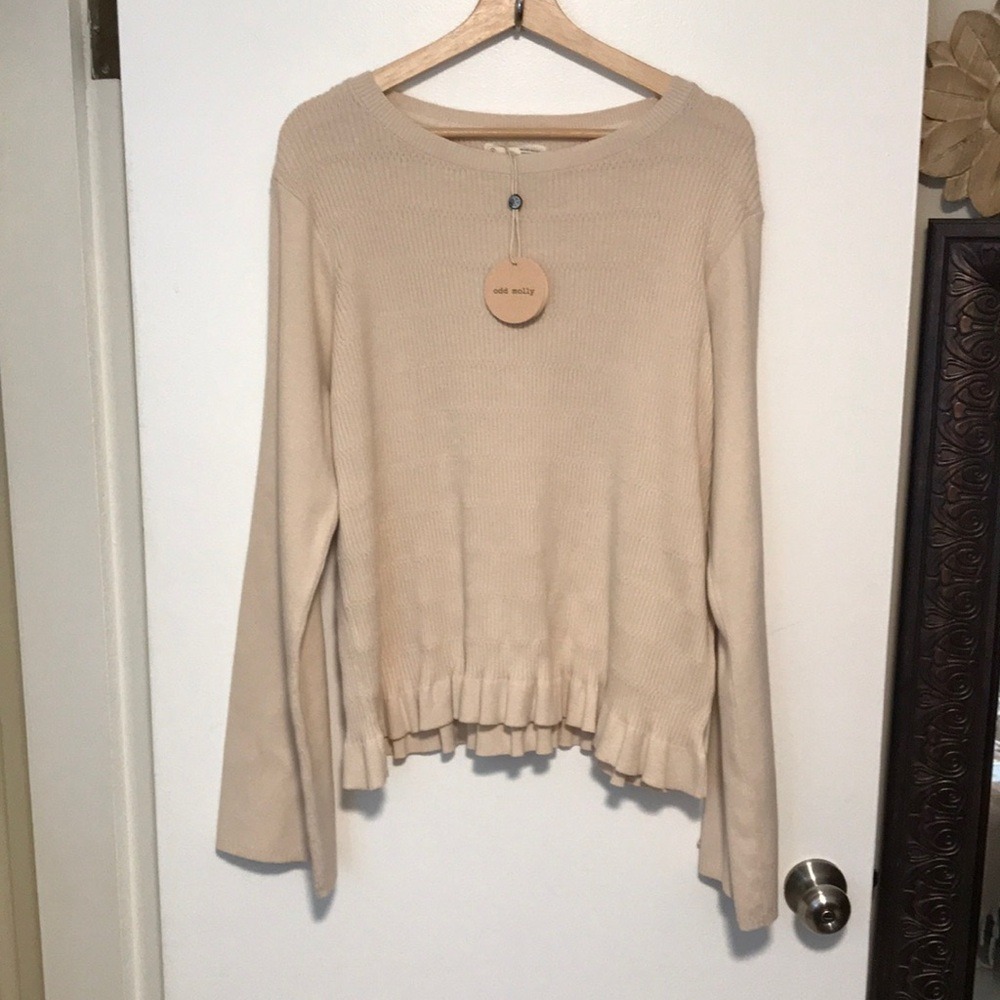 Odd Molly Women's XXL Charlie Top White Pearl Cotton Ruffle Hem Sweater 721M-959